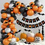 Jagmag Orange,Black, Gold Halloween Balloons Garland Arch Kit, Halloween Party Decorations Set With Halloween Banner Orange, Black And Gold Balloons, Bats Decoration For Halloween Party Supplies
