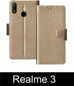 Sbms Realme 3 Gold Artificial Leather Shock Proof Flip Cover