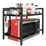 OSE 2-Tier Metal Adjustable Microwave Stand | Microwave & Oven Stand for Kitchen Cabinet | Utility Organizer with 6 Hooks | Multipurpose Counter Top Storage Stand