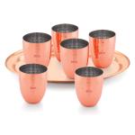 Ebun Hammered Stainless Steel Copper Plate Drinking Glass Set 300 ml with Serving Tray (7 pcs)