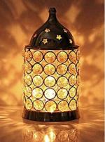 Ein Sof Akhand Diya Decorative Brass Crystal Oil Lamp Tea Light Holder Lantern Puja Lamp Decorative for Home Office Gifts Puja Articles Decor, 6 inch (Gold and White)