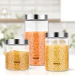 Borosil Endura Glass Jar, Air-Tight Storage Containers For Kitchen, Glass Storage Organiser For Spices, Snacks, Grains, Dals, Set of 3 (750ml+1L+1.3L), Clear