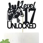 Festiko Black Glitter Level 17 Unlocked Game Birthday Cake Topper, Boys 17th Birthday Cake Decorations, Sweet 17, Video Game Theme Cake Topper, Level Up Winner Supplies