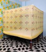 SKAB 4 Corner Ceiling Hanging Premium Flower Print Polyester Mosquito Net I Machardani for Double Bed ( 7 feet X 8 Feet ) Mosquito Soft Net/Machardani/Bed Box Mosquito Net ( Set Of 1 , Yellow )