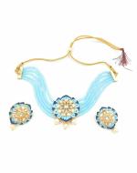 Bella Store Women Sky Blue Brass Hand Painted Kundan Necklace Set and Earrings