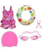 The Morning PlayArrowMax Pink Swimming Costume, Goggles, Cap, 2 Earplug Nose Clip, Swimsuit with Swim Ring