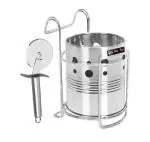 FIRST FRONT Stainless Steel SS Pizza Cutter With Stainless Steel Cutlery Holder With Stand and (Multicolour, Pack of 2)