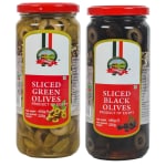 CANEEN Pitted Black Olives 450g, Sliced Green Olives 450g | Authentic Taste | Use in Cooking, Garnishing, Pizzas toppings, eat raw | Combo Pack of 2 Bottles (450g x 2 Bottles)