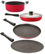 Nirlon 4 pcs of Red, Black 3 Layer Non-stick Aluminium Coated Kitchenware Essential Combo Set with Bakelite Handle Standard