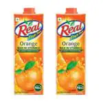Real Orange Juice by Dabur 1-L (Pack of 2) with Reusable Stainless Steel Straws (Set of 4)