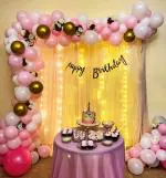 SpecialYou.in Pink and White Theme Birthday Decoration Items Kit For Girls with Tulle Net Curtain, Gold, White and Pink Balloons, Fairy Lights and Gold HBD Banner- Set of 74 Items