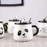 VAGHASIYA ENTERPRISE 1 pcs Ceramic Panda Printed Mug with Lid and Spoon for Coffee and Tea Cup Panda Ceramic Mug with Cup Used for Milk, Coffee and Tea, Mugs Ceramic Coffee Mugs Milk Tea Cup with Lid for Office Home School Gift
