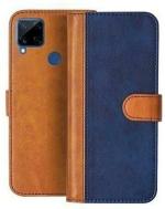 AmericHome Realme C15, RMX2180 Blue, Brown Artificial Leather, Silicon Mobile Back Cover