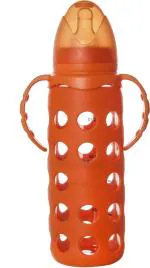 Naughty Kidz Orange Premium Glass Baby Feeding Bottle with 2 Ultra Soft Nipple, 1 Protective Warmer and 1 Handle 250ml