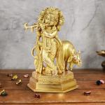 ARTVARKO Home Decor Brass Lord Krishna Flute Playing with Cow Statue - 12.7 x 8.9 cm