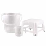 Polyset Bathroom Plastic Bucket, Transparent, 18L, Stool, 301, Transparent, Small and Mug, Transparent, 1 LTR. Set of 3