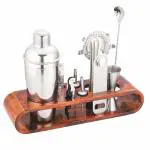 INDIGO 9-Piece Bar Tool Set with Stylish Wooden Stand - Bartender Kit, Steel Finish, Silver