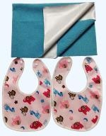 Maalove Combo of Baby Soft Breathable Washable Small Drysheet 50x70cm 1 unit Salmon Rose and Feeding Bibs Pack of 2 Blue