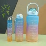 Inditradition 3 Pieces Combo Motivational Water Bottle Set For Day-to-Day Routine | With Time Marker, Funny Stickers, Straw & Handle (2L+900ml+280ml) (Blue With Multi Shades)