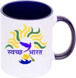 Shieldsmore Ceramic Swachh Bharat Printed Coffee For Gift |Navy Blue And White Ceramic Coffee Mug (325 ml)