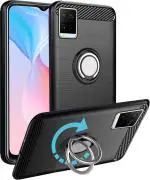 Unistuff Back Case Cover for Vivo Y21s with Magnetic Kickstand | Premium Matte Finish | Camera Bump Protection | Rubberized Ring Cover - Night Black, 76696
