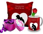 Midiron Valentine's Day Gift for Wife/Girlfriend|Romantic Gift for Husband/Boyfriend| Birthday gift for Wife, Husband, Girlfriend ( Chocolate , Artificial Rose, Mug, Cushion)