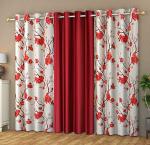 Skirmish Eyelet 1 Flower and 2 Plain Red Floral Pattern Polyester Long Door Curtains 2.74 x 1.22 m (Skr-Redset3-9ft)