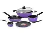 Navrang Nonstick Cookwares Set Dosa Tawa 260+Kadai 220+Frypan 220+Sauce pan 160+Tadkapan 160+Glass Lid,Non-Induction,Purple