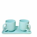 CLAYSCAPE Handprinted Glazed Studio Pottery Ceramic Tea & Coffee Mugs with Tray - Premium Set of 3, 300 ml (Sea Green)