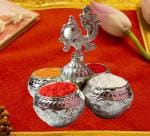 Denique German Silver Plated Puja Roli Chawal, Elaichi, Mishri 4 Bowl Stand Chowmukh Haldi Kumkum Holder