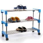 Alexin 202 Grade Stainless Steel 3 Shelves Shoes Rack, Multipurpose Storage Rack with 4 Caster Movable Wheels Stand for Home, Office, Kitchen, Balcony, Bathroom Classic (Blue)