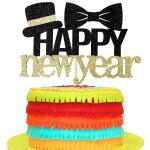 Festiko Happy New Year Cake Topper 2022 New Year Party Cake Decorations Hat Bow Tie Black Glitter