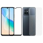 Kite Digital Vivo T1 (5G) Back Screen Protective Film Carbon Fiber Skin Transparent Sticker + [Black] Tempered Glass Screen Protector with Edge to Edge Coverage