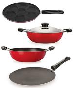 Nirlon 4 pcs of Red and Black 3 Layer Non-stick Aluminium Coated Kitchen Cookware Combo Set, Standard