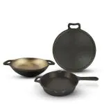 The Indus Valley Pre Seasoned Super Smooth Cast Iron Cookware Set - (Skillet Fry Pan 1.5L + Kadai 25.4 cms + Tawa 28 cms) Cookware Set | Healthy Cooking | Gas Compatible | Black