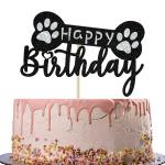 Festiko Glitter Happy Birthday Cake Topper, Puppy Dog Footprints Birthday Cake Decorations, Funny Decor, Pet Dog Theme Birthday Party Supplies (Black And Silver)