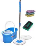 Mupkin Easy Clean 360 Degree Bucket Spin Mop with 2Refill,1 tile brush,3 scrubber M52 Mop Set, Scrub Pad