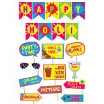 Festiko Holi Decoration Combo D (Set of 12 Pcs) - 1 Pc Happy Holi Banner, 11 Pcs Holi Photo Booth Props, Holi Decorations, Holi Party Decor, Selfie Props For Holi