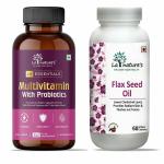 LA NATURE'S WE CARE YOUR HEALTH Multivitamin with Probiotics 60 Veg Tablets and Flaxseed Oil 1000 mg - 60 SoftgelsCold Pressed Omega 3 6 9 for Heart, Radiant Skin - Essential Vitamin and Nutrients for Immunity, Gut Health, and Energy - Men and Women