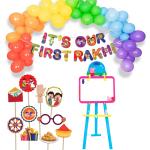 Festiko Set of 37 Pcs It's Our First Rakhi Combo (Banner, Balloons, Photobooth Props, White Board Pig), Raksha Bandhan Decoration Combo