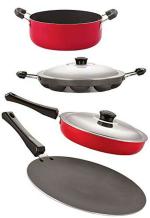 Nirlon 4 pcs of Red and Black 3 Layer Non-stick Aluminium Coated Odour Free Kitchenware Essential Combo Set, Standard