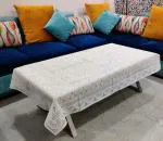 Groki Self Design 4 Seater Table Cover (White, Cotton)