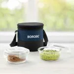 Borosil Elite Borosilicate Glass Lunch Box - Set of 2, 400 ml, Vertical, Break and Chip Resistant, Microwave Safe Office Tiffin