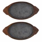 e kysa Cast Iron Sizzler Plate (9.5*6 inch) Wooden Base (15*8 inch) - Set of 2
