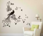 Lanstick Vinyl Black Bird With Leaves And Flowers Self Adhesive Wall Sticker 24 inch