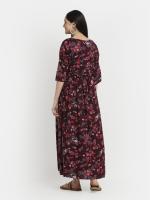Mylo Maternity Dress for Women with Breastfeeding Zippers | Maxi Dress | Adjustable Belt for Growing Belly | Day & Night Comfort | Feeding Dress for Pre & Post Pregnancy | Garden Flowers| Wine Red| Medium