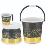 Tedemel 3 pcs Bathroom Accessories Set Plastic Bath Set Bathroom Bucket, Mug and Stool 3 Piece Combo Set for Home, Kitchen & Bathroom 21 L Plastic Bucket (Grey Gold)
