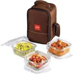cello MF Glassy Seal O Fresh Square Borosilicate Microwavable Glass 3 Containers Lunch Box (320 ml)