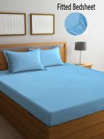 FABINALIV Sky Blue Striped 300 TC Cotton Blend Super King Size Fitted Double Bedsheet with 2 Pillow Covers (FLEBS-2041-SkyBlue)