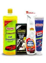 Waxpol Shampoo, Exterior Detailer, Interior Polish & Scratch Remover (Ecosaver Car Shampoo 1 Ltr+ Vinyl & leather Polish 125 ml+ New gen Polish 300 Ml+ Scratch Remover 150 Gm)